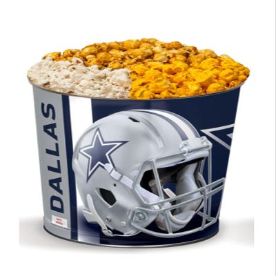 Colby Ridge 3 Way Football Popcorn Tin - White, Caramel, and Cheese Gourmet Craft Popped Gluten Free (3 Gallon - Cowboys)