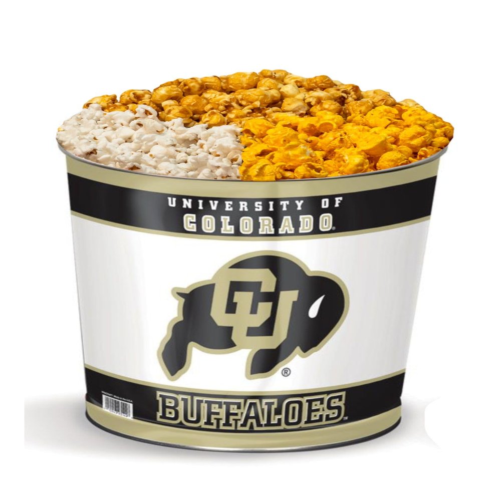Colby Ridge 3 Way Football Popcorn Tin - White, Caramel, and Cheese Gourmet Craft Popped Gluten Free (3 Gallon - Colorado)