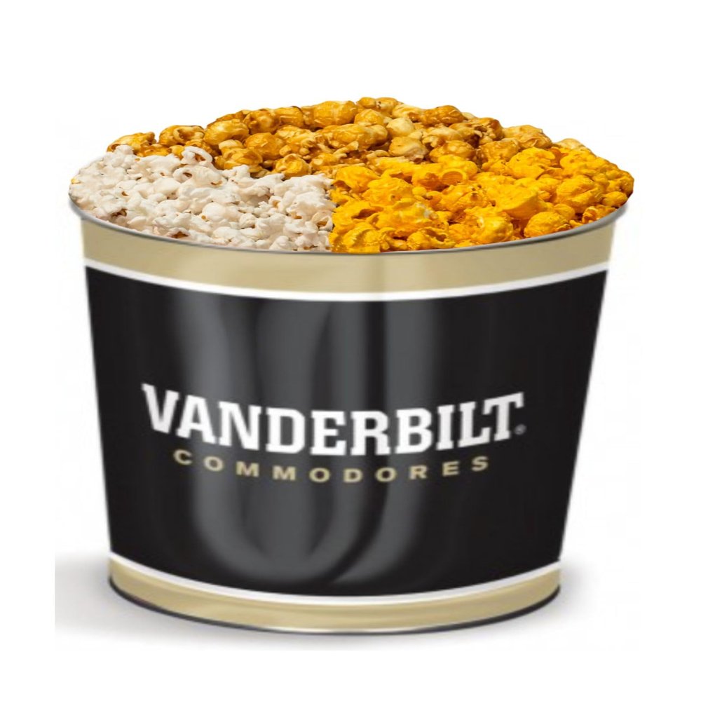 Colby Ridge 3 Way Football Popcorn Tin - White, Caramel, and Cheese Gourmet Craft Popped Gluten Free (3 Gallon - Vanderbilt)