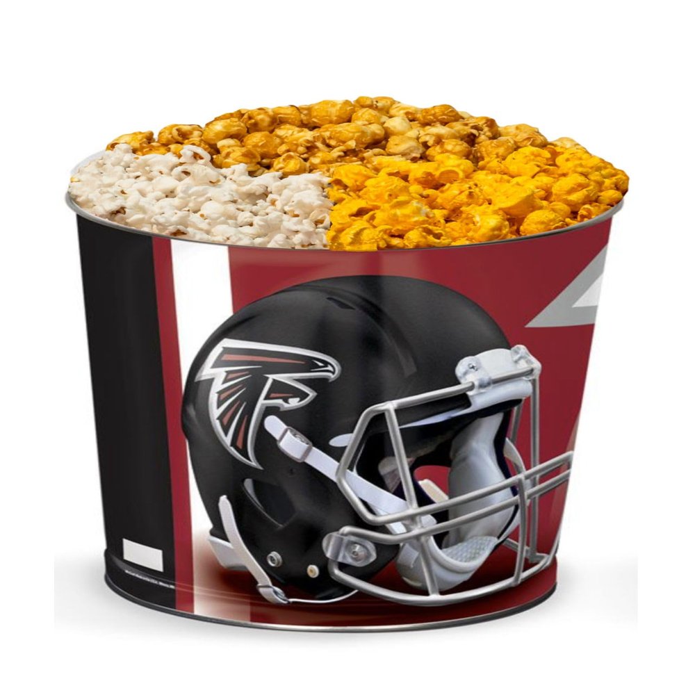 Colby Ridge 3 Way Football Popcorn Tin - White, Caramel, and Cheese Gourmet Craft Popped Gluten Free (2 Gallon - Falcons)