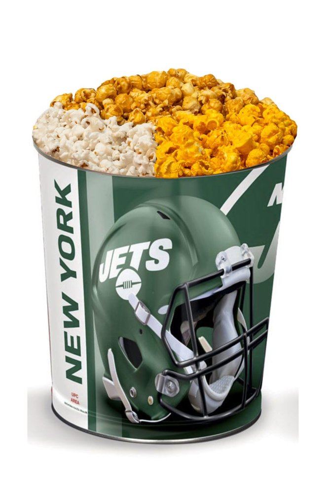 Colby Ridge 3 Way Football Popcorn Tin - White, Caramel, and Cheese Gourmet Craft Popped Gluten Free (3 Gallon - Jets)