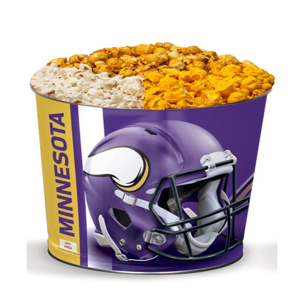 Colby Ridge 3 Way Football Popcorn Tin - White, Caramel, and Cheese Gourmet Craft Popped Gluten Free (3 Gallon - Vikings)