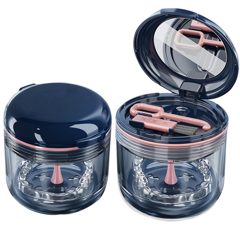 Aidarmoll Retainer case, Denture Bath CupRetainer Cleaner Case Box,Night Mouth Guard Case Holder,Storage Soak Container with Drain Tray for Travel Cleaning with Mirror and Brush