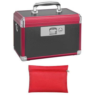 LOCKCURX Secure Medicine Lock Box with Key, Childproof Metal Medication Storage Organizer for Home & Travel, Layered Aluminum First Aid Box, Portable & Durable  11.2" x 7.6" x 7.6" Black & Red