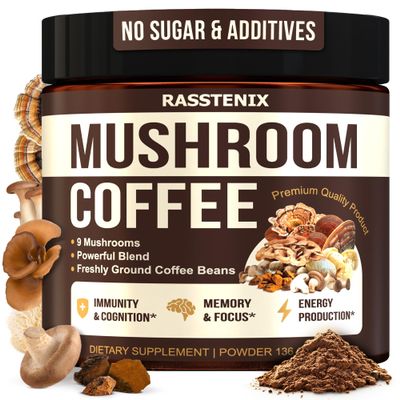 Rasstenix Mushroom Coffee Organic - 9 Mushroom Adaptogen Mix - Lion's Mane, Chaga, Turkey Tail, Reishi, Shiitake - Instant Mushrooms Coffee for Gut Health, Energy, Mental Clarity - 60 Servings