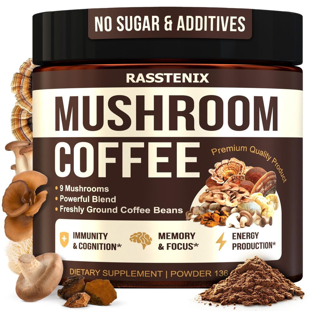 Rasstenix Mushroom Coffee Organic - 9 Mushroom Adaptogen Mix - Lion's Mane, Chaga, Turkey Tail, Reishi, Shiitake - Instant Mushrooms Coffee for Gut Health, Energy, Mental Clarity - 60 Servings