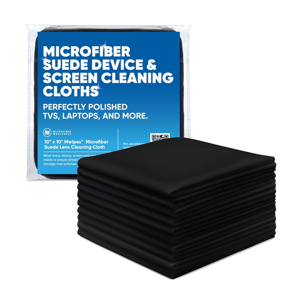 Premium Screen Cleaning Cloth by Microfiber Wholesale | Black | 10x10 | 10pk | Soft Microfiber Suede | Mid-Size Reusable | No Lint Scratch-Free Durable | TVs Laptops Monitors