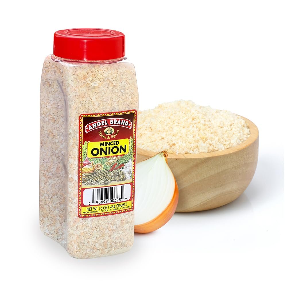 Angel Brand Minced Onion  16 oz Bottle  Dehydrated Dried Onion Flakes, Perfect for Cooking, Seasoning, and Recipes.