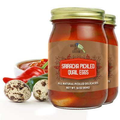 Green Jay Gourmet Sriracha Pickled Quail Eggs in a Jar  Fresh Hand Jarred for Cooking & Pantry  Sriracha Flavor - Simple Natural Ingredients - 2 x16 Ounce Jars