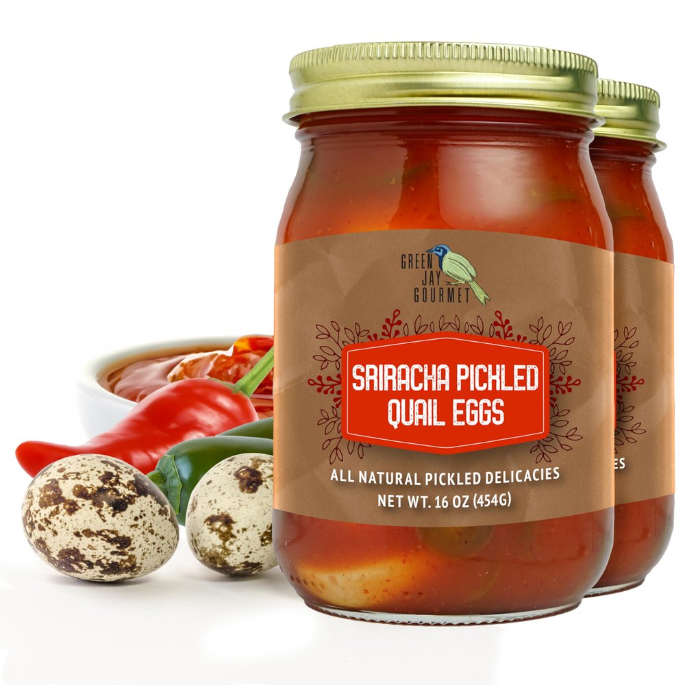 Green Jay Gourmet Sriracha Pickled Quail Eggs in a Jar  Fresh Hand Jarred for Cooking & Pantry  Sriracha Flavor - Simple Natural Ingredients - 2 x16 Ounce Jars