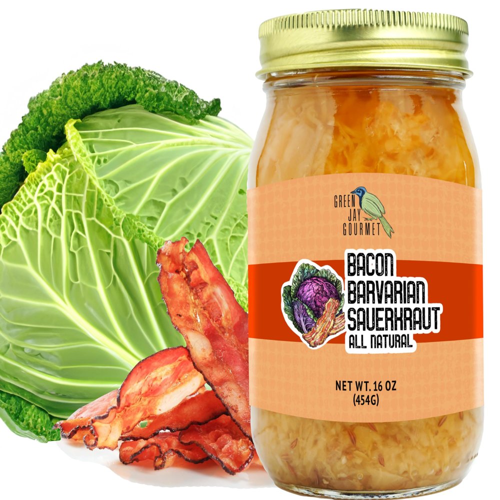 Green Jay Gourmet Relish - Bacon Sauerkraut Relish - Sweet & Tangy Sauerkrat - Bacon Relish & Spread - USA Made - For Burgers, Hot Dogs, Sandwiches & More - Gluten-Free, No MSG & Small-Batch - 16 Ounces