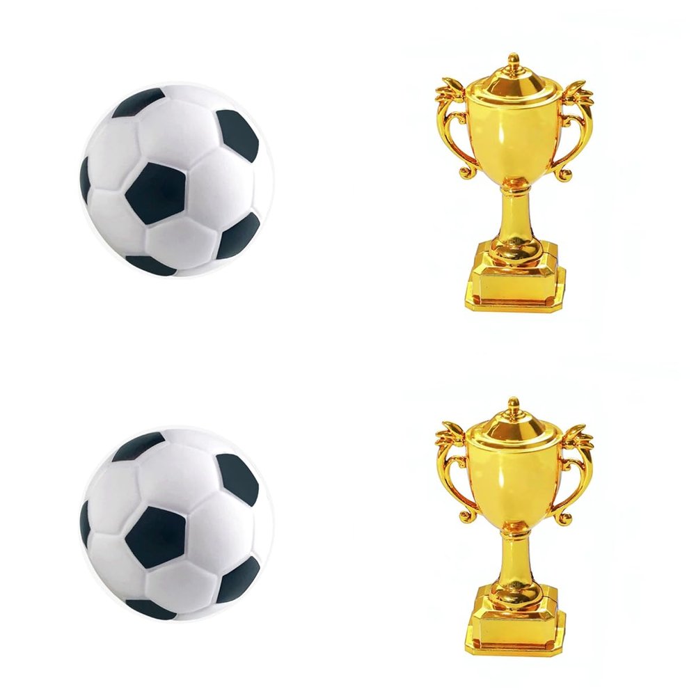 Jaccos 4 Pieces Soccer Theme Cake Decorations Soccer Birthday Party Cake Toppers, 2Pcs Plastic Soccer Ball and 2Pcs Plastic Championship Trophy, Football Party Cake Decor