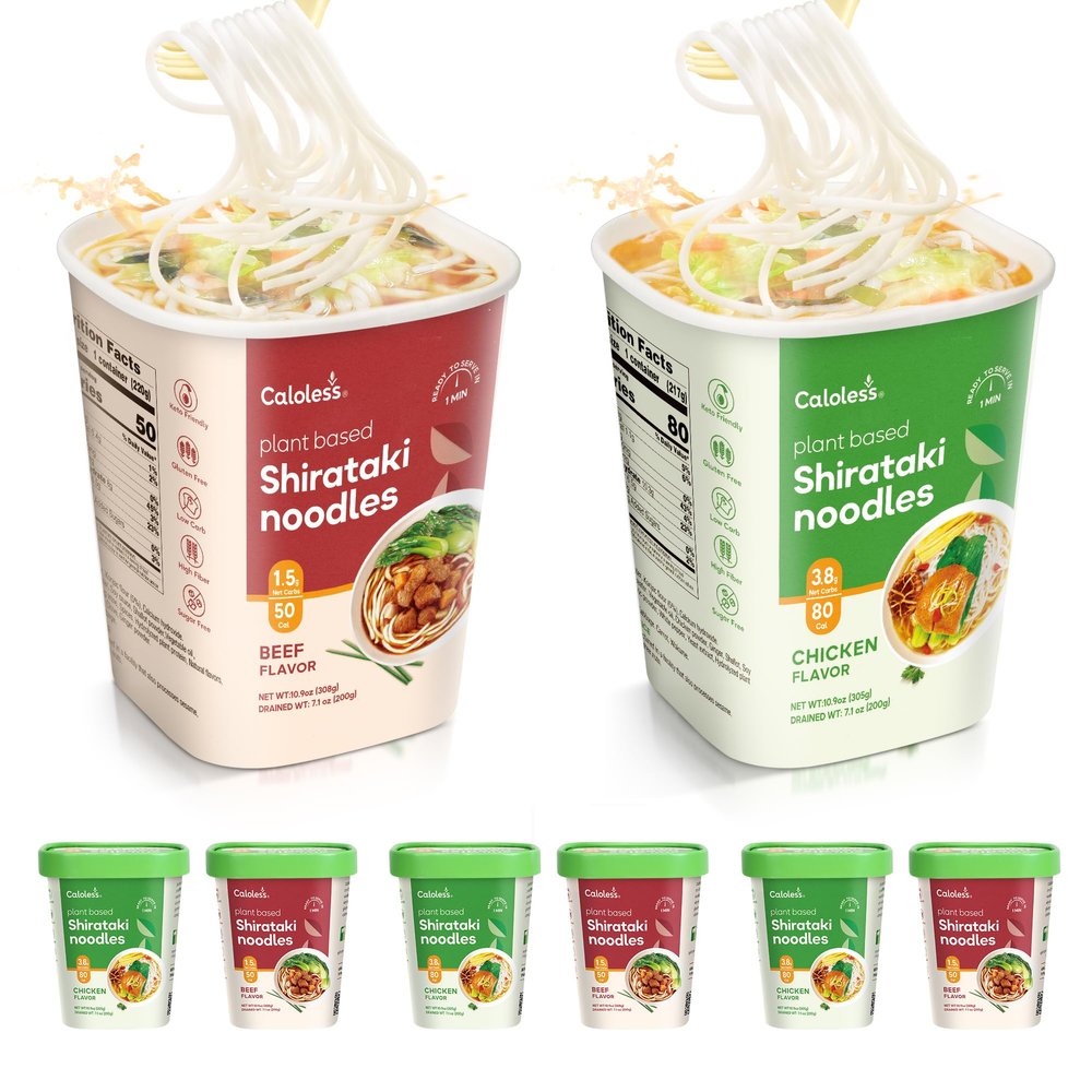Caloless Konjac Shirataki Noodles, 6 Pack Low Calorie Konjac Pasta Noodles, Low Carb Chicken Cup Konjac Noodles Soup, Healthy Noodles Keto & Paleo Friendly, Gluten Free Vegan Noodles Instant Cup Noodles(Chicken/Beef)