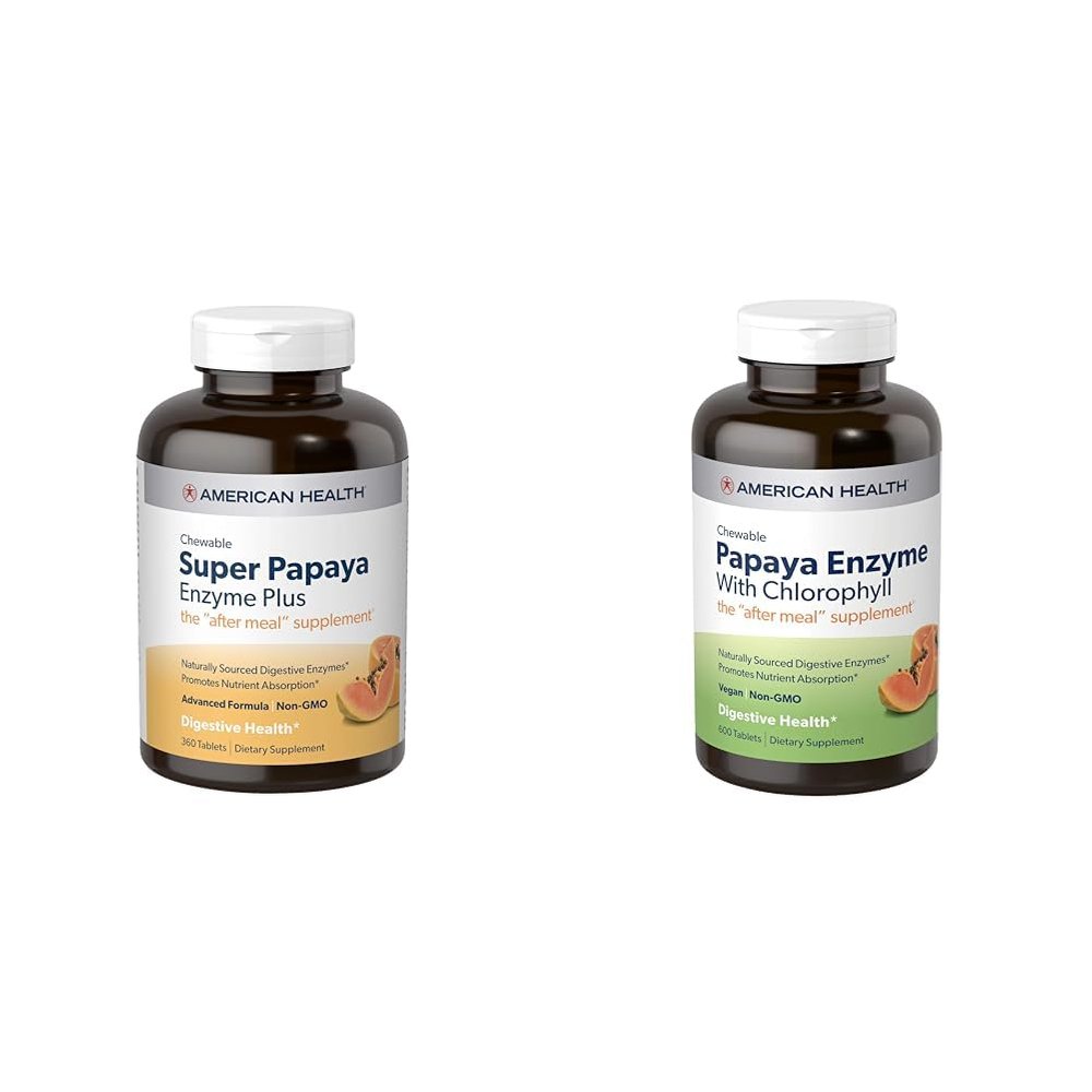 American Health 360 Count Super Papaya Enzyme Tablets & 600 Count Papaya Enzyme with Chlorophyll Chewable Tablets Bundle