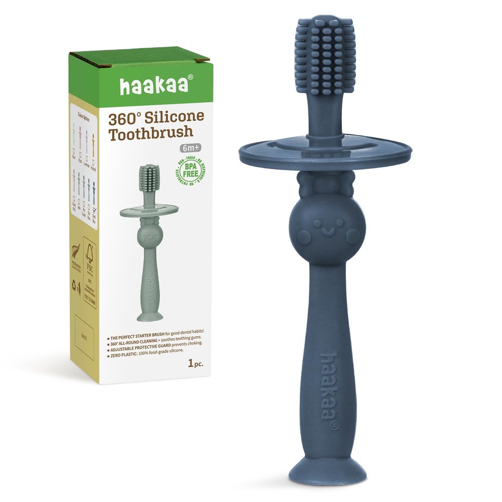 haakaa 360 Baby Toothbrush with Suction Base - Gentle Cleaning for Infant Self-Brushing Training, Food-Grade Silicone, Adjustable Safety Shield - Steel Blue (1 Piece)