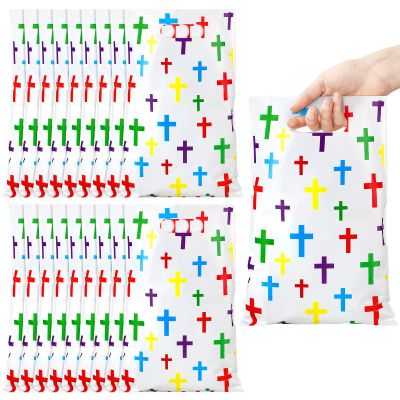 Panelee 100 Pcs Easter Gift Bags Christian Sunday School Colorful Cross Goody Treat Bags Religious Plastic Bag with Handles Kids Adult Candy Gift Bag for Easter Day Church Vbs Party Supplies