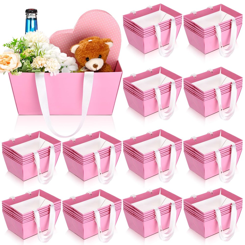 Glenmal 72 Pcs Baskets for Gifts Waterproof Empty Kraft Basket Bulk with Handles 9.8 x 6.5 x 4.3'' Gift Basket Empty to Fill for Wedding Party Christmas Valentines(Pink)
