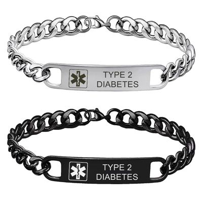 HOMLIFPER 2Pcs Men Women Stainless Steel Medical Alert Bracelet - Engraved Medical ID Cuff Bracelet for Type 2 Diabetes, Sos Emergency Identification Bracelet