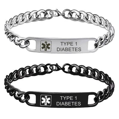 HOMLIFPER 2Pcs Men Women Stainless Steel Medical Alert Bracelet - Engraved Medical ID Cuff Bracelet for Type 1 Diabetes, Sos Emergency Identification Bracelet