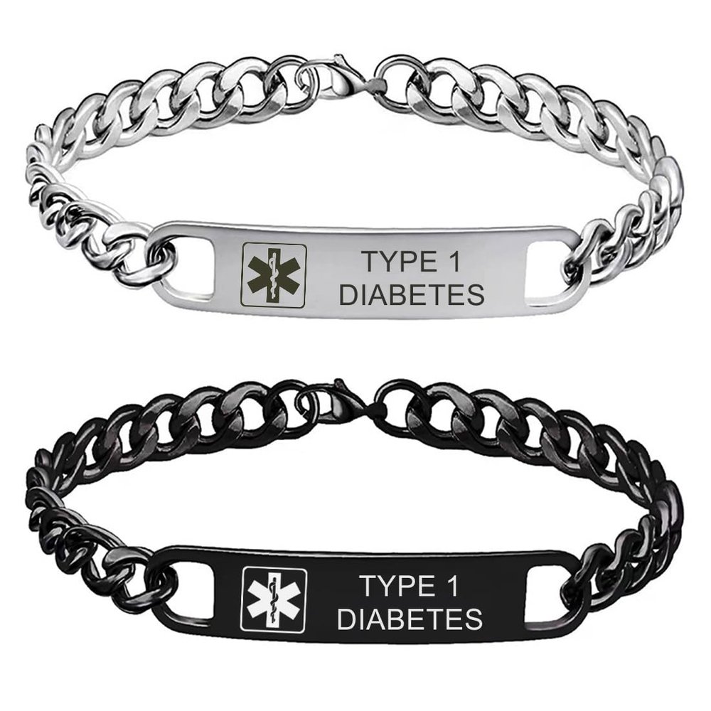 HOMLIFPER 2Pcs Men Women Stainless Steel Medical Alert Bracelet - Engraved Medical ID Cuff Bracelet for Type 1 Diabetes, Sos Emergency Identification Bracelet