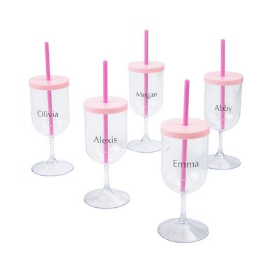 Fun Express Personalized Reusable Plastic Wine Glasses with Lids & Straws - 12 Pieces