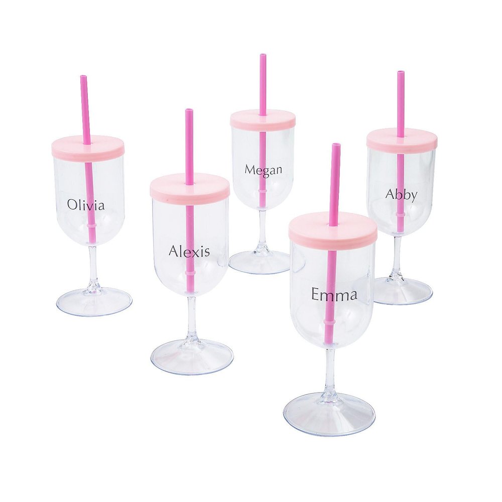 Fun Express Personalized Reusable Plastic Wine Glasses with Lids & Straws - 12 Pieces