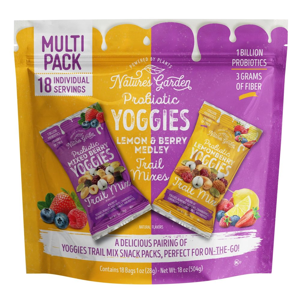 Nature's Garden Probiotic Yoggies Trail Mix Multipack, 18oz (18 individual servings), Yoggies Mixed Berry Trail Mix & Yoggies Lemonberry Trail Mix)