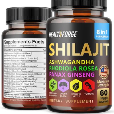 HEALTHFORGE Shilajit Capsules Organic Extract Blend 60 Capsules for Men & Women - Shilajit Supplement 9000mg Ashwagandha, Immune Support Supplement 2000mg Rhodiola Supplement, Ginko Ginkgo Biloba