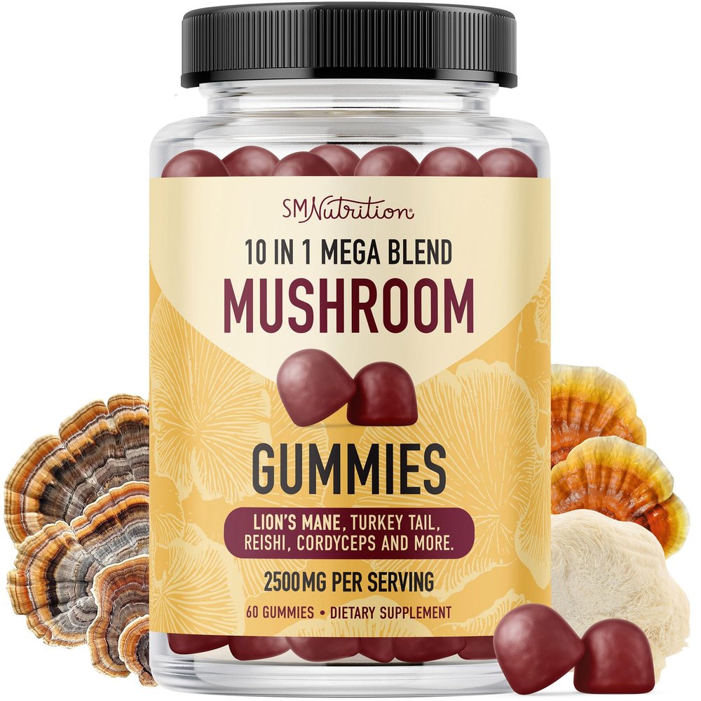 SMNutrition Mushroom Gummies for Adults | with Lions Mane, Turkey Tail, Reishi, Cordyceps, Chaga & Maitake | Support Cognitive Function & Immune Health | Raspberry Flavor | 60ct