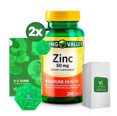 Zinc Dietary Supplement, 50 mg, 200 Count (2 Pack) Bundle with Exclusive Better Ligth&Spring Guide + Weekly Pill Organizer (4 Items)