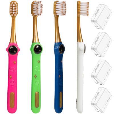 PRASBURR Toddler Toothbrush, Kids Toothbrush, Galactic Adventures Style, Toddler Age 2-4 and Up, Soft Bristles with Caps, Pack of 4