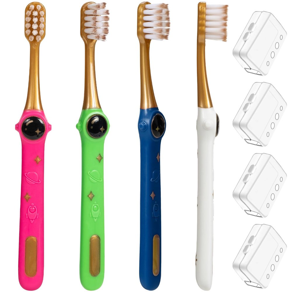 PRASBURR Toddler Toothbrush, Kids Toothbrush, Galactic Adventures Style, Toddler Age 2-4 and Up, Soft Bristles with Caps, Pack of 4