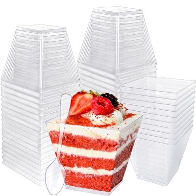 100 Pack 3.5 oz Plastic Dessert Cups with Spoons,Clear Square Mini Dessert Cups,Small Tumbler Appetizer Cups Parfait Cups for Desserts,Mousse,Puddings,Party Supplies