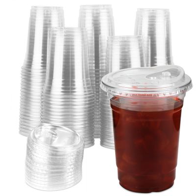 Kuerqi 100 Sets 16 Oz Plastic Cups with Lids, Iced Coffee Cups with Lids, Strawless Sip-Lids Design, No Need for Straws, Durable PET Go On Plastic Cups