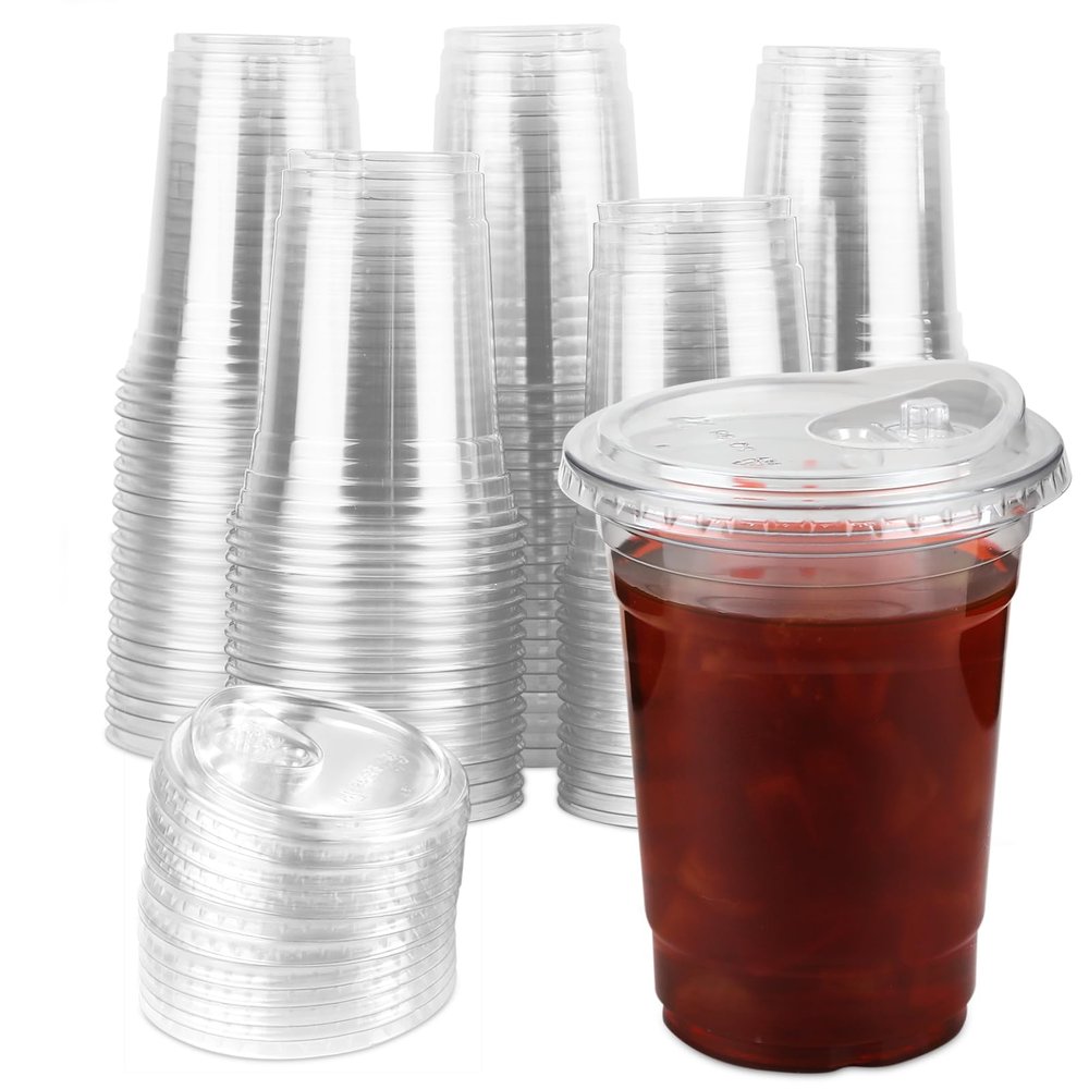 Kuerqi 100 Sets 16 Oz Plastic Cups with Lids, Iced Coffee Cups with Lids, Strawless Sip-Lids Design, No Need for Straws, Durable PET Go On Plastic Cups