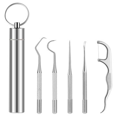 Baoton 5Pcs Toothpicks Rough Handle Tooth Picker Stainless Steel Dental Floss Picks Pocket Set Reusable Flossers for Adults Portable Teeth Cleaning Travel Oral Care Plaque Remover, Silvery