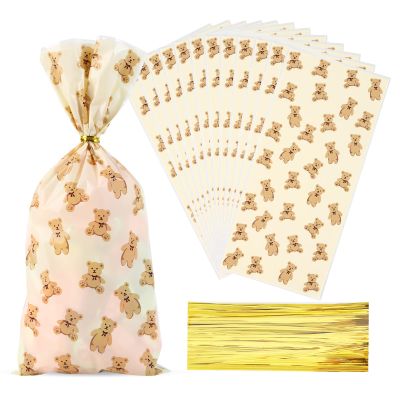 Docvania Bear Cellophane Treat Bags Plastic Gift Bag 100 pcs 5 X 11 Bear Cookie Bags with Ties Goodie Candy Bag Suitable for Mother's Day, Valentine's Day, and Holiday Parties