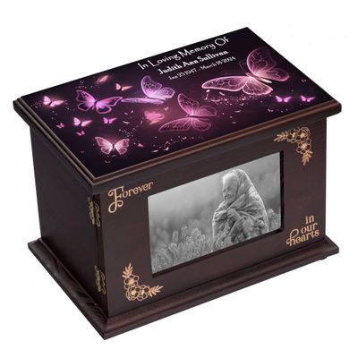ZISAMURE Cremation Memorial Urns for Human Ashes Adult Male Female Custom Personalized Wooden Urns Box and Casket for Ashes Men Women Large Burial Funeral Urns with Photo Frame (Purple Butterfly)