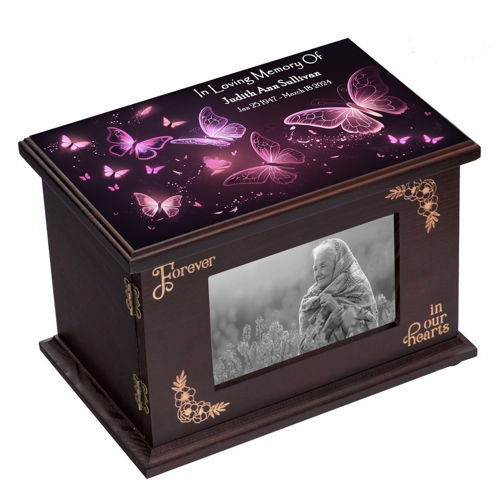 ZISAMURE Cremation Memorial Urns for Human Ashes Adult Male Female Custom Personalized Wooden Urns Box and Casket for Ashes Men Women Large Burial Funeral Urns with Photo Frame (Purple Butterfly)