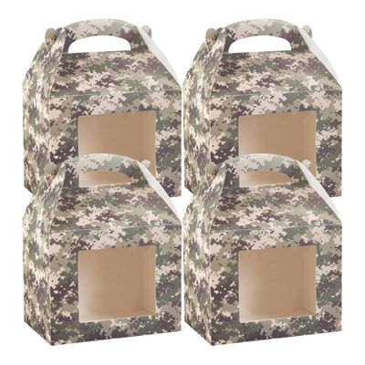Bio Tek 10 x 7 x 8 Inch Gable Boxes For Party Favors, 25 Attractive Gift Boxes - Camouflage Print, Built-In Handle, Paper Barn Boxes, With Clear PET Window, For Parties