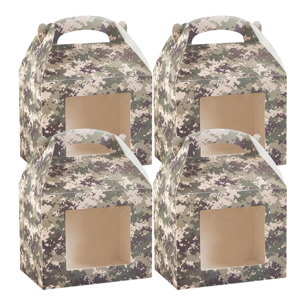 Bio Tek 10 x 7 x 8 Inch Gable Boxes For Party Favors, 25 Attractive Gift Boxes - Camouflage Print, Built-In Handle, Paper Barn Boxes, With Clear PET Window, For Parties