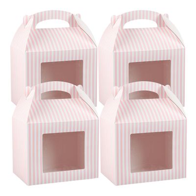 Bio Tek 10 x 7 x 8 Inch Gable Boxes For Party Favors, 25 Attractive Gift Boxes - Striped Pattern, Clear PET Window, Pink & White Paper Barn Boxes, With Built-In Handle
