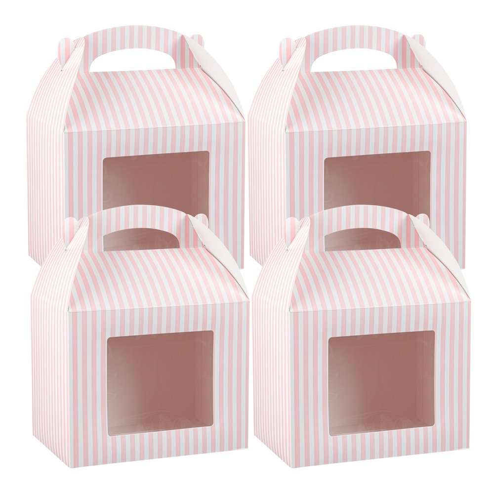 Bio Tek 10 x 7 x 8 Inch Gable Boxes For Party Favors, 25 Attractive Gift Boxes - Striped Pattern, Clear PET Window, Pink & White Paper Barn Boxes, With Built-In Handle