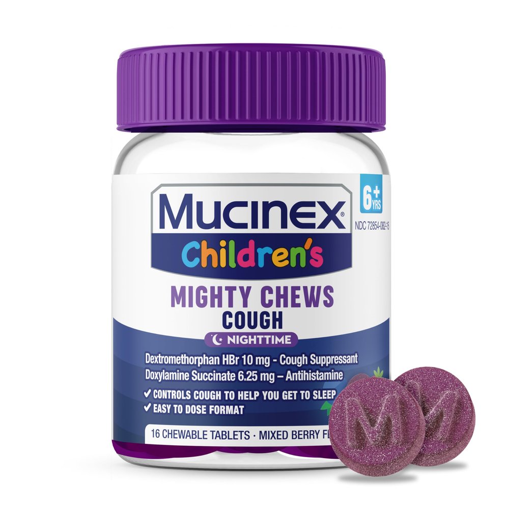 Mucinex Children's Mighty Chews Nighttime Kids Cough Medicine, Easy to Dose Cough Suppressant with Dextromethorphan, Kids Travel Medicine for Cough, Mixed Berry Flavor, 16 Medicated Chewable Tablets