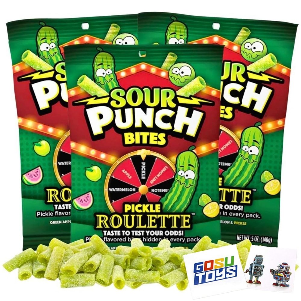 Sour Punch Bites Pickle Roulette - Candy Game with Assorted Flavors: Watermelon, Lemon Lime, Green Apple, Hidden Pickle Bites - 5 Ounces bag (Pack of 3) with two Gosu Toys stickers