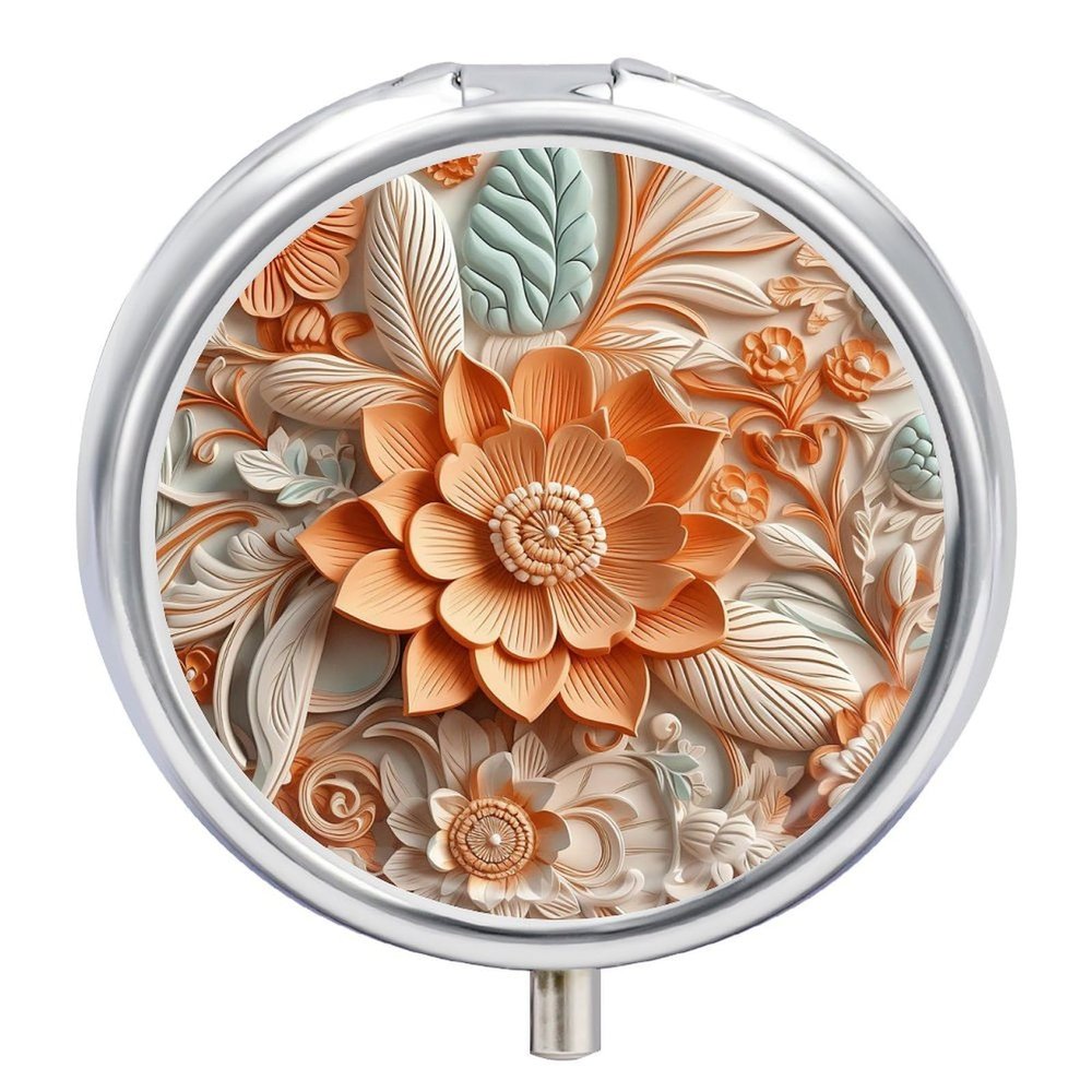 ZJCDPBR Wood Carving Style Printed Pill Box Small Pill Case for Purse & Pocket 3 Compartment Travel Pill Boxes Metal Round Small Pill Organizer to Hold Vitamins, Medication, Fish Oil and Supplements