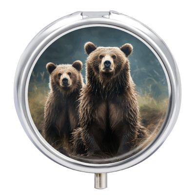 Encounter Animal Bear Printed Pill Box Small Pill Case for Purse & Pocket 3 Compartment Travel Pill Boxes Metal Round Small Pill Organizer to Hold Vitamins, Medication, Fish Oil and Supplements