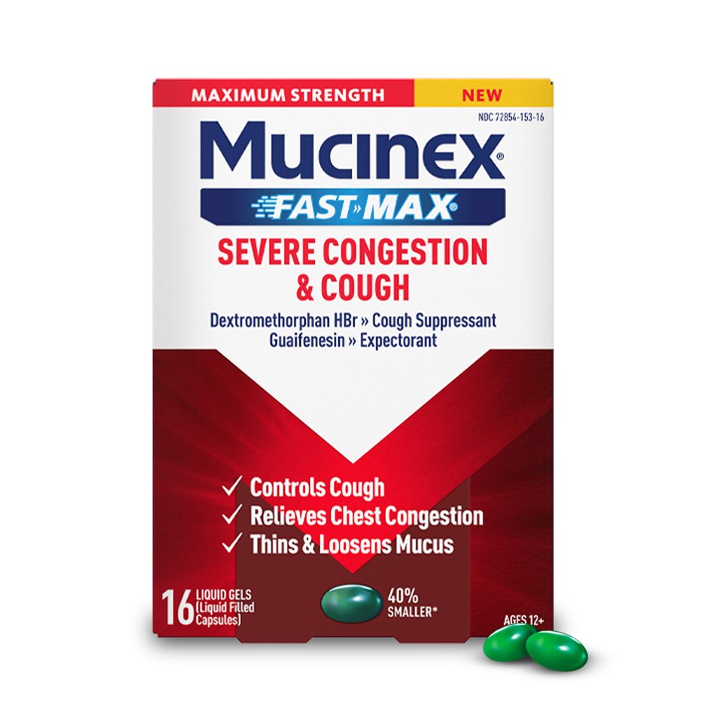 Mucinex Fast-Max Severe Congestion & Cough, Maximum Strength Dextromethorphan HBr Cough Medicine for Adults, Guaifenesin Expectorant for Excess Mucus Relief, 16 Liquid Gels