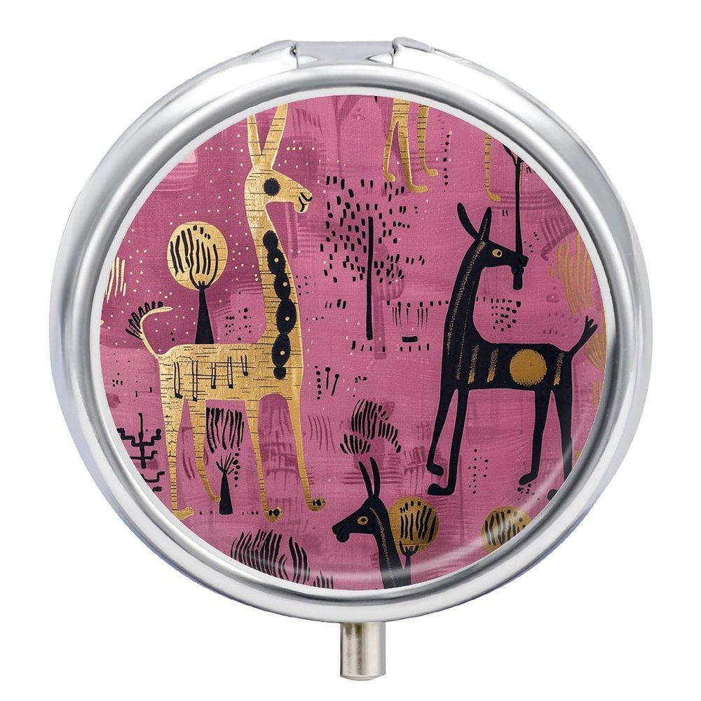 with Animal Print Printed Pill Box Small Pill Case for Purse & Pocket 3 Compartment Travel Pill Boxes Metal Round Small Pill Organizer to Hold Vitamins, Medication, Fish Oil and Supplements