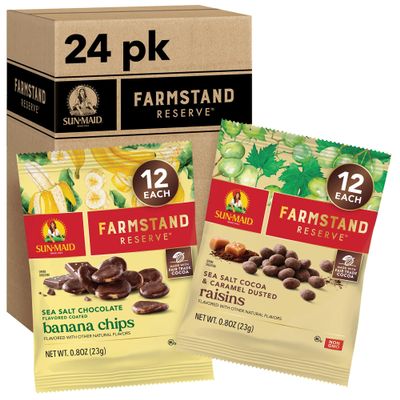Sun-Maid Farmstand Reserve 24 Count Variety Pack - 0.8 oz Snack Bag Sea Salt Cocoa & Caramel Dusted Raisins + Sea Salt Chocolate Coated Banana Chips (Amazon Exclusive)